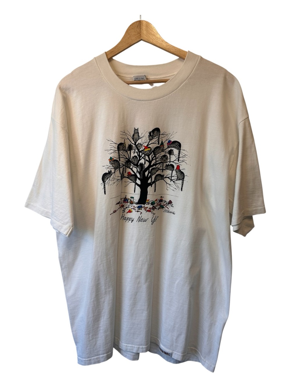 VTG 90s B Kilban Crazy Shirts Hawaii Happy New Year Cat T-Shirt Single Stitch XL - Picture 2 of 16